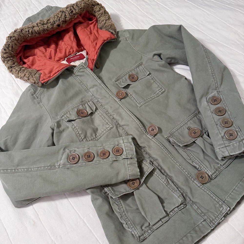 Vintage Y2K Hollister Cargo Army Jacket Womens M Parka Coat Army Green‎ Fur Hood